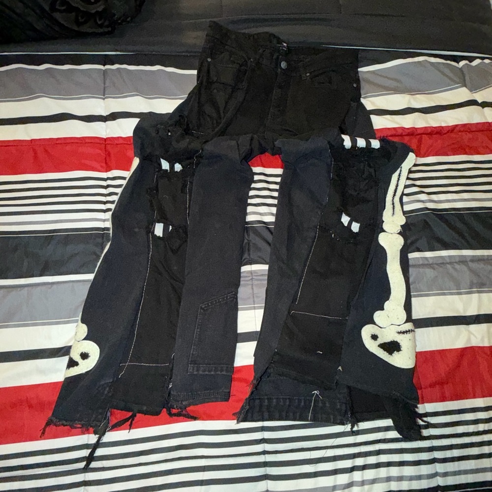 1of1 Custom Black Distressed Denim Pants with White Skeleton Appliqué Flared